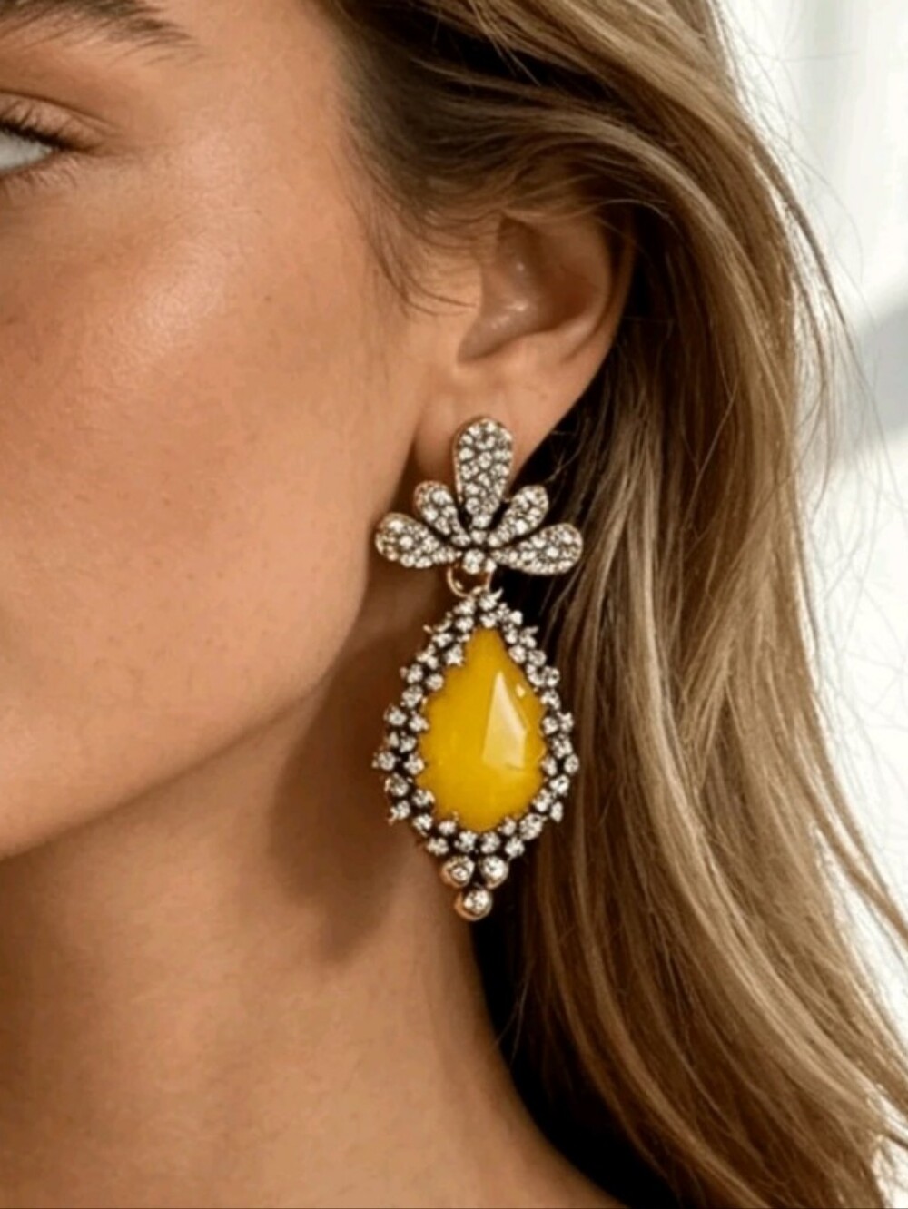 NEW! Stunning Yellow Crystal Teardrop Statement Post Earrings - Women Jewelry